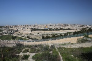 View of Jerusalem from the top of the Mount of Olives.  The golden dome is the Muslim Dome of the Rock which sits essentially on the site Jewish Temple Mount.  Going even further back into antiquity this is also Mount Moriah where Abraham was directed with his son Isaac.  At the last minute before Abraham sacrificed Isaac, God stayed his hand and provided a ram for the sacrifice.  See Genesis 22.