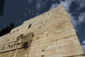 This is the southeast corner of the Temple Mount wall.  Because the mount is falling away at this point this would be a high point, if not the highest point of the Temple.  The story of Satan taking Jesus to the high point and saying throw yourself down from here could have taken place at the top of this wall.