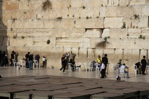 View of the men's side of the Wailing Wall.  People utter prayers, write them on pieces of paper, and then stick them into cracks in the wall.  We even found some around on the south side of the wall.