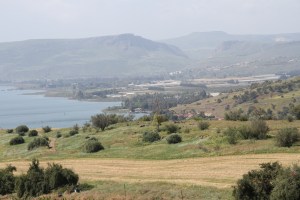 View southeast from the Mount of Beatitudes.  Mount Arbel is the peak just left of top center.