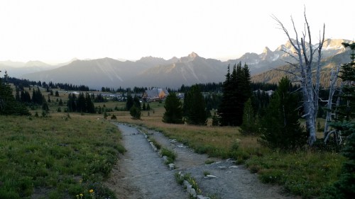 The visitor center and parking lot at Sunrise on the northeast side of Mount Rainier.