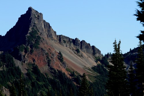 Pinnacle Peak across the valley from Paradise.  Note the Pinnacle Peak trail up the side of the mountain which is how I got to Plummer Peak.