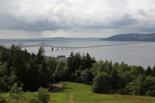A wider view from the Astoria Column out the mouth of the Columbia River. Cape Disappointment, Washington in the far distance.