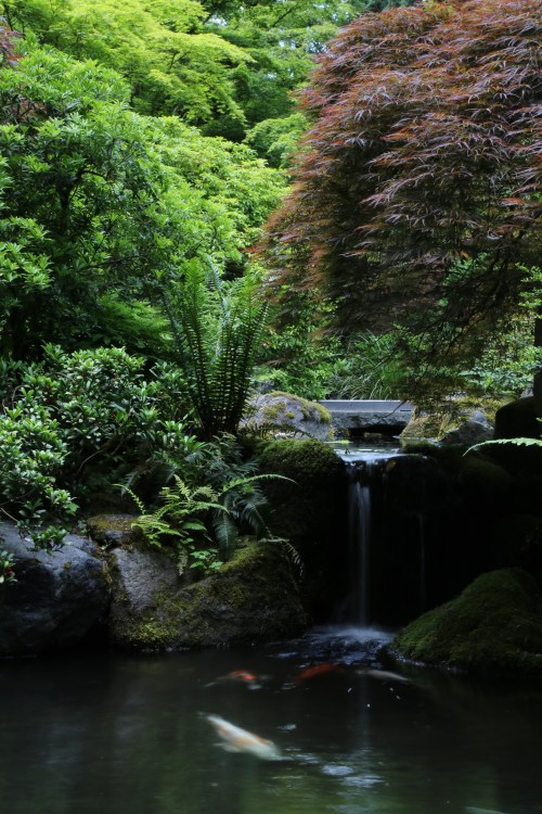 Falling water in the Japanese Garden in Portland